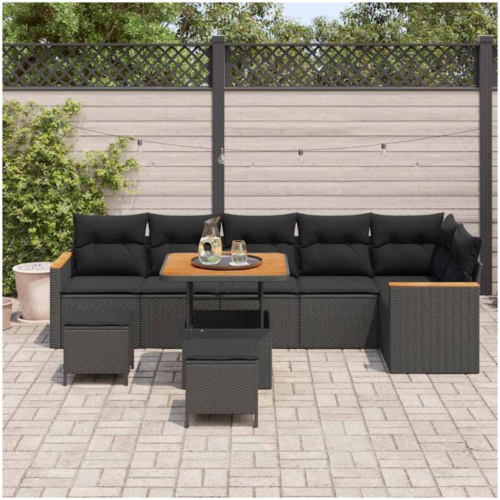 9-delat Trädgårdsofset med kuddar Svart Poly Rattan Akacia vidaXL Stor – bild 3