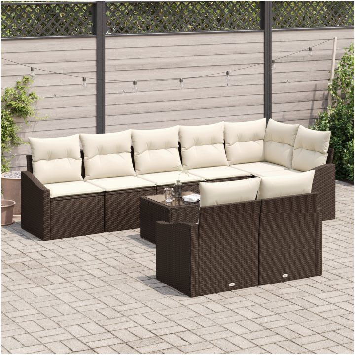 9-delat trädgårdsset med kuddar i brun poly-rattan vidaXL 55 x 55 x 37 cm – bild 3