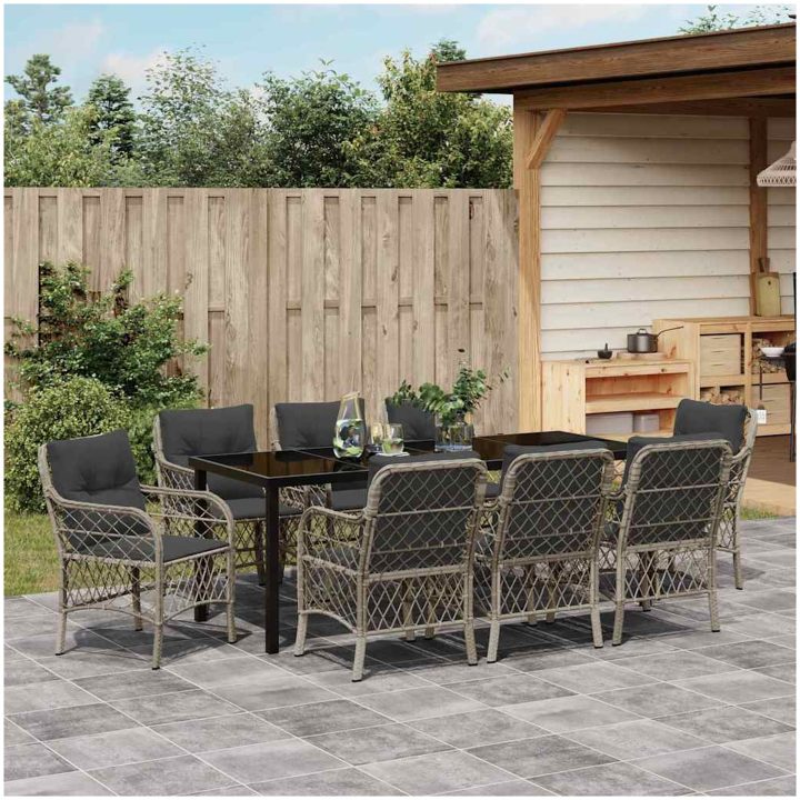 9-delat trädgårdsset med kuddar, ljusgrå poly rattan vidaXL 200 x 80 x 73 cm – bild 4
