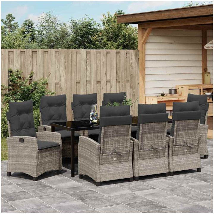 9-delat Trädgårdsset med Matbord och Kuddar i Ljusgrå Poly Rattan vidaXL 200 x 80 x 73 cm – bild 4