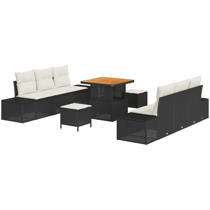 9-delat trädgårdssoff-set med kuddar svart poly rattan akacia vidaXL Stor – bild 2