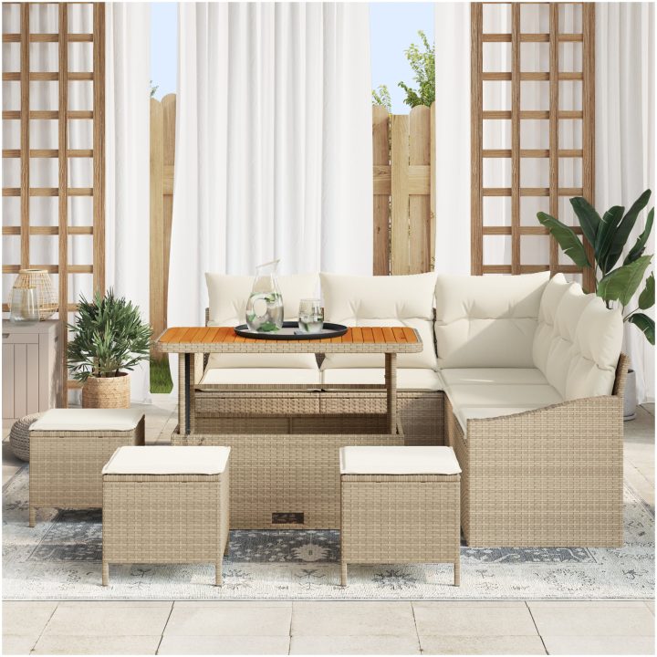 9-delat trädgårdssoffa-set med kuddar beige poly rattan akacia vidaXL Medium – bild 3