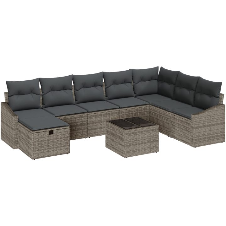 9-delat trädgårdssoffa-set med kuddar Grå Poly Rattan vidaXL 55 x 62 x 69 cm – bild 2