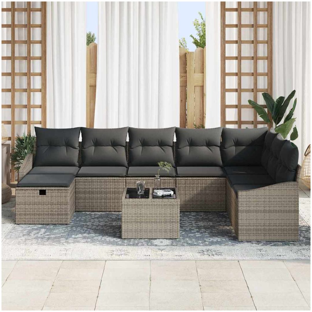 9-delat trädgårdssoffa-set med kuddar Grå Poly Rattan vidaXL 55 x 62 x 69 cm – bild 3