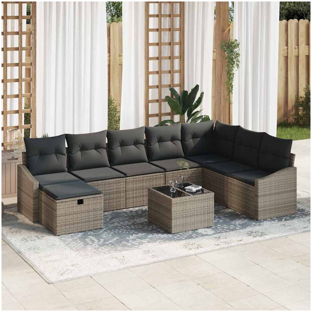 9-delat trädgårdssoffa-set med kuddar Grå Poly Rattan vidaXL 55 x 62 x 69 cm