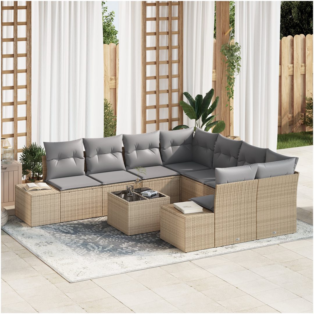 9-delat trädgårdssoffset med kuddar beige poly rattan vidaXL 55 x 55 x 37 cm