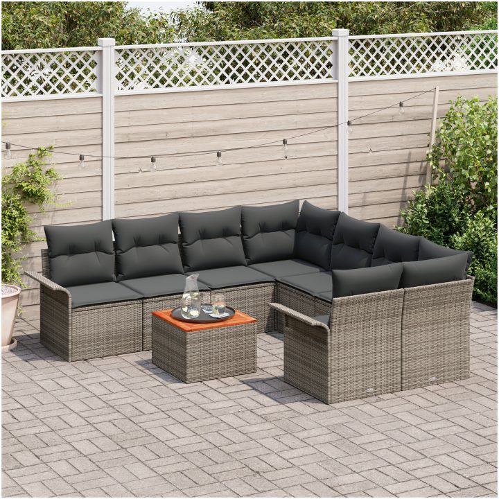 9-delat Trädgårdssoffset med Kuddar Grå Poly Rattan Akacia vidaXL 55 x 55 x 37 cm – bild 3