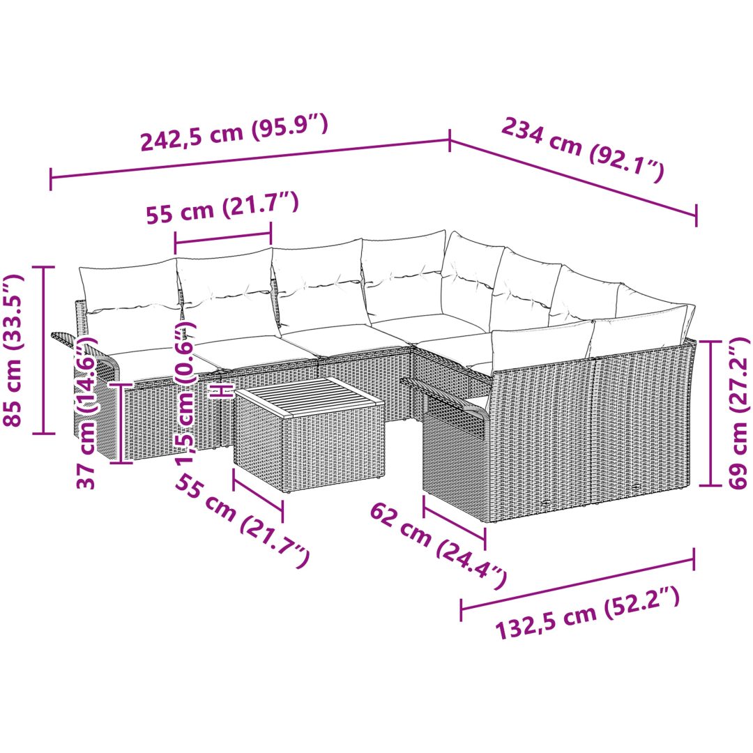 9-delat Trädgårdssoffset med Kuddar Grå Poly Rattan Akacia vidaXL 55 x 55 x 37 cm – bild 9