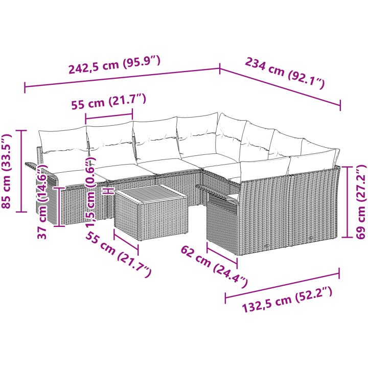 9-delat Trädgårdssoffset med Kuddar Grå Poly Rattan Akacia vidaXL 55 x 55 x 37 cm – bild 9