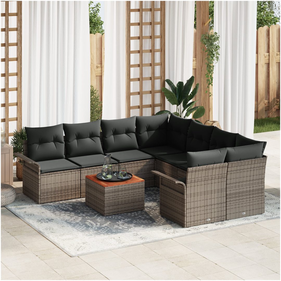 9-delat Trädgårdssoffset med Kuddar Grå Poly Rattan Akacia vidaXL 55 x 55 x 37 cm