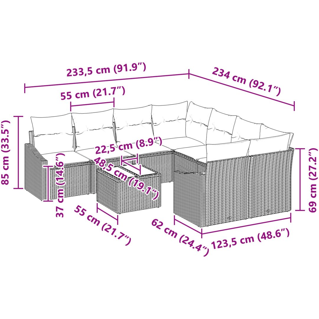 9-delat Trädgårdssoffset med Kuddar Grå Poly Rattan vidaXL 55 x 55 x 37 cm – bild 9