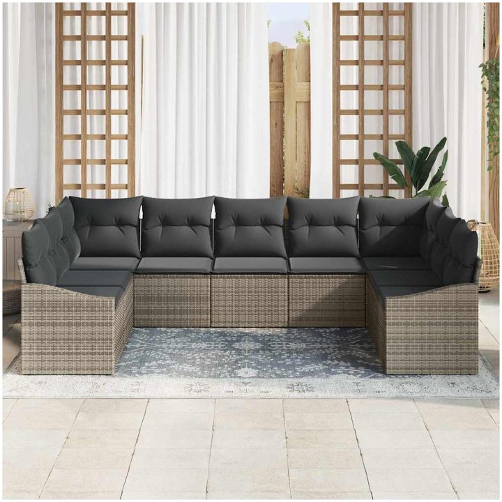 9-delat trädgårdssoffset med kuddar Grå Poly Rotting vidaXL 289 x 178.5 x 85 cm – bild 3