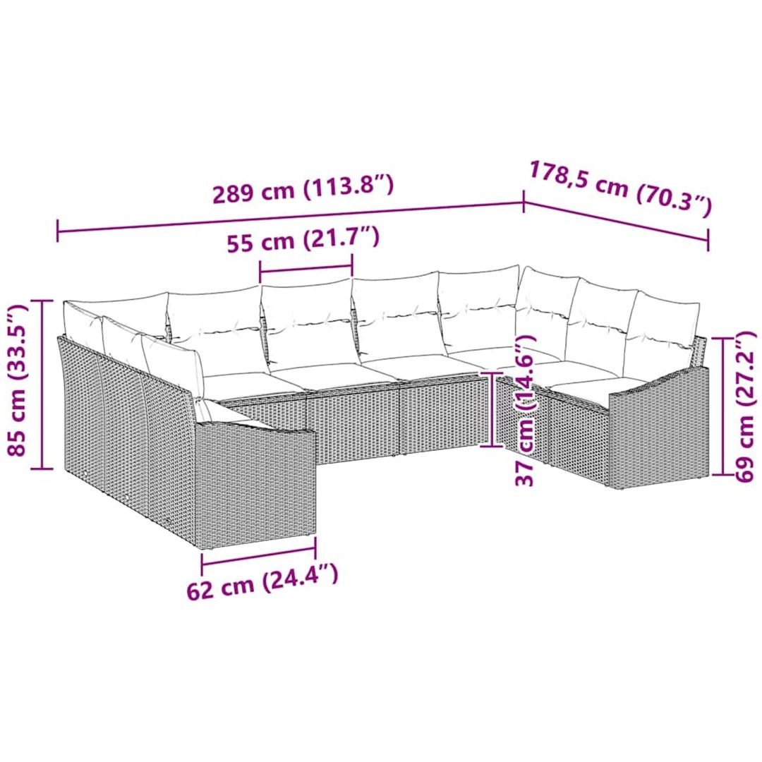 9-delat trädgårdssoffset med kuddar Grå Poly Rotting vidaXL 289 x 178.5 x 85 cm – bild 8