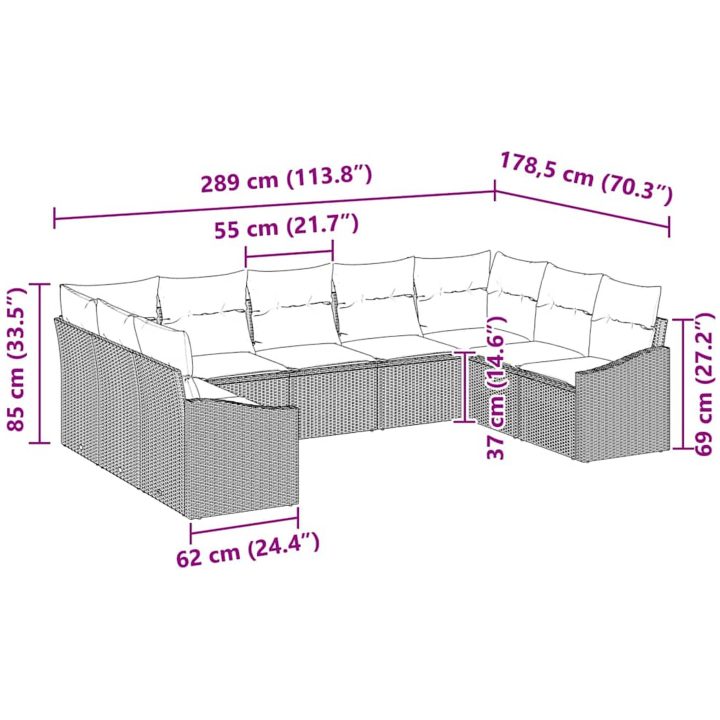 9-delat trädgårdssoffset med kuddar Grå Poly Rotting vidaXL 289 x 178.5 x 85 cm – bild 8
