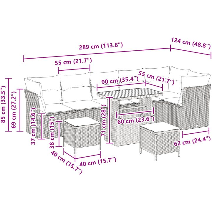 9-delat trädgårdssoffset med kuddar svart poly rattan akacia vidaXL Medium – bild 9