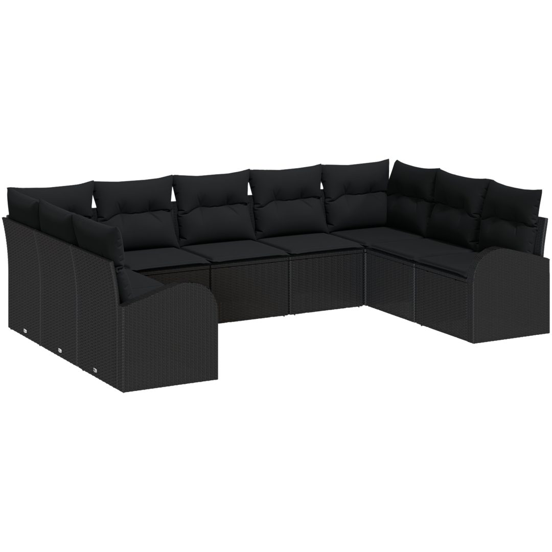 9-delat trädgårdssoffset med kuddar Svart Poly Rattan vidaXL 289 x 179 x 85 cm – bild 2