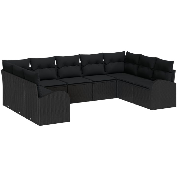 9-delat trädgårdssoffset med kuddar Svart Poly Rattan vidaXL 289 x 179 x 85 cm – bild 2