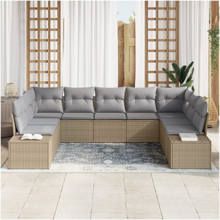 9-delat Utemöbelset med Kuddar i Beige Poly Rattan vidaXL 289 x 209 x 69 cm – bild 3