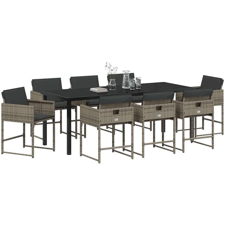 9-dels trädgårdsmöbelset med kuddar, grå polyrotting vidaXL 200 x 80 x 73 cm – bild 3