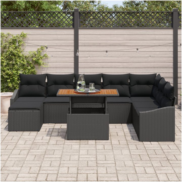 9-dels trädgårdsmöbelset med kuddar i svart poly-rattan och akacia vidaXL 100 x 55 x 73 cm – bild 3