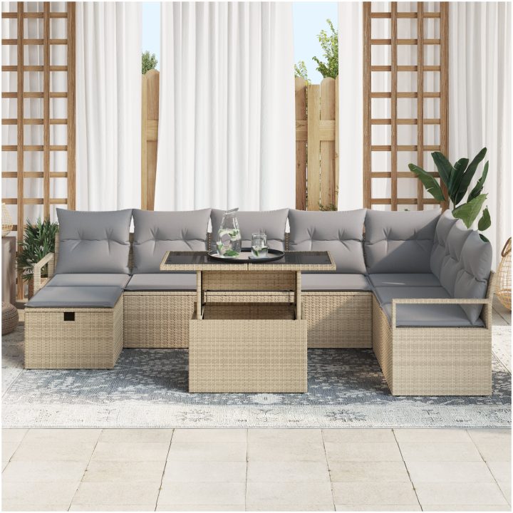 9-dels trädgårdsofa-set med kuddar Beige Polyrotting vidaXL Stor – bild 3