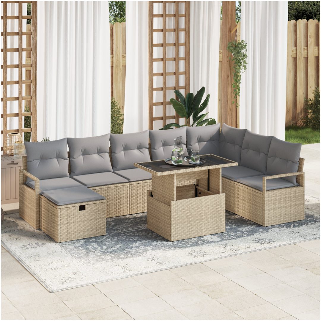 9-dels trädgårdsofa-set med kuddar Beige Polyrotting vidaXL Stor