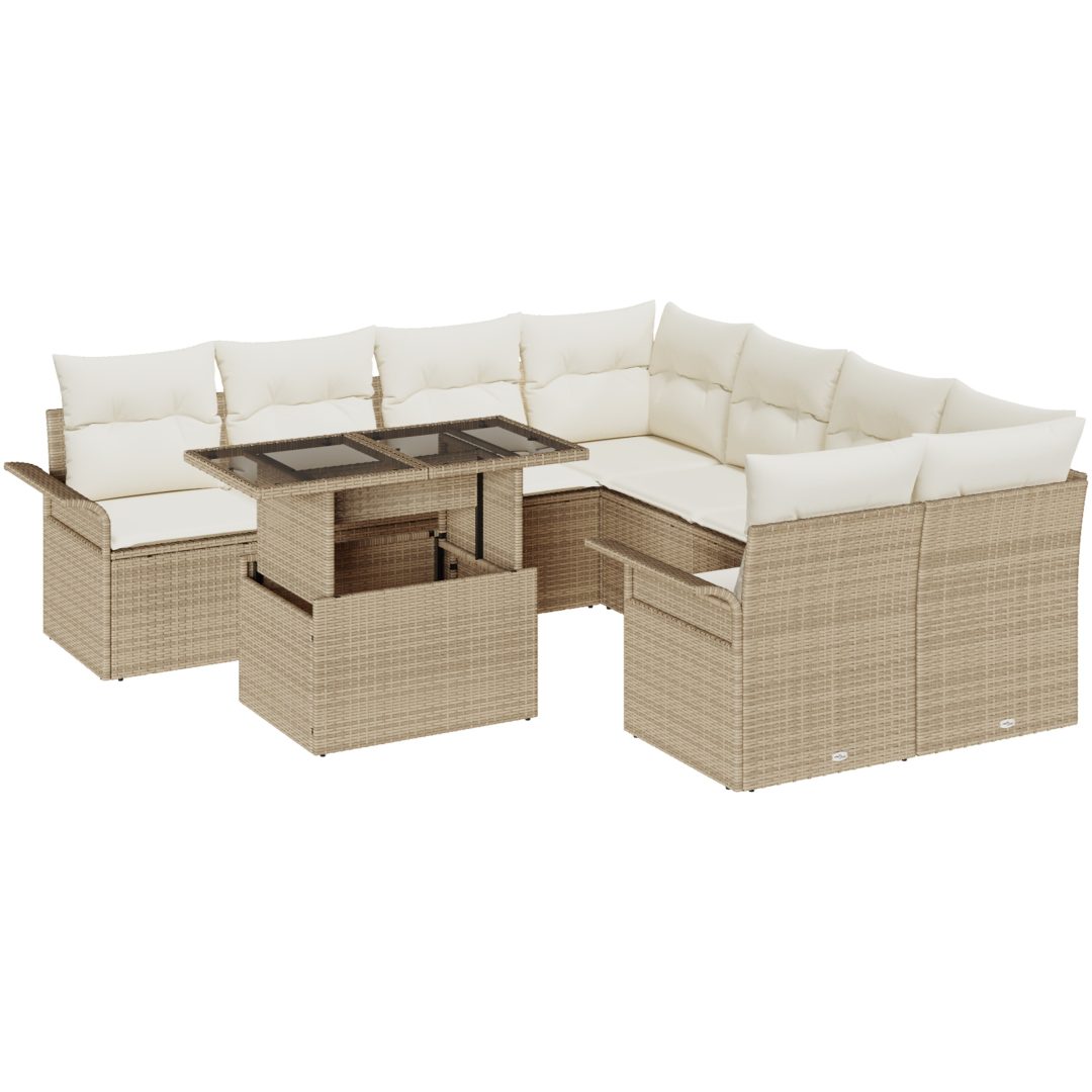 9-dels trädgårdsoff-set med kuddar i beige poly rattan vidaXL 100 x 55 x 73 cm – bild 2