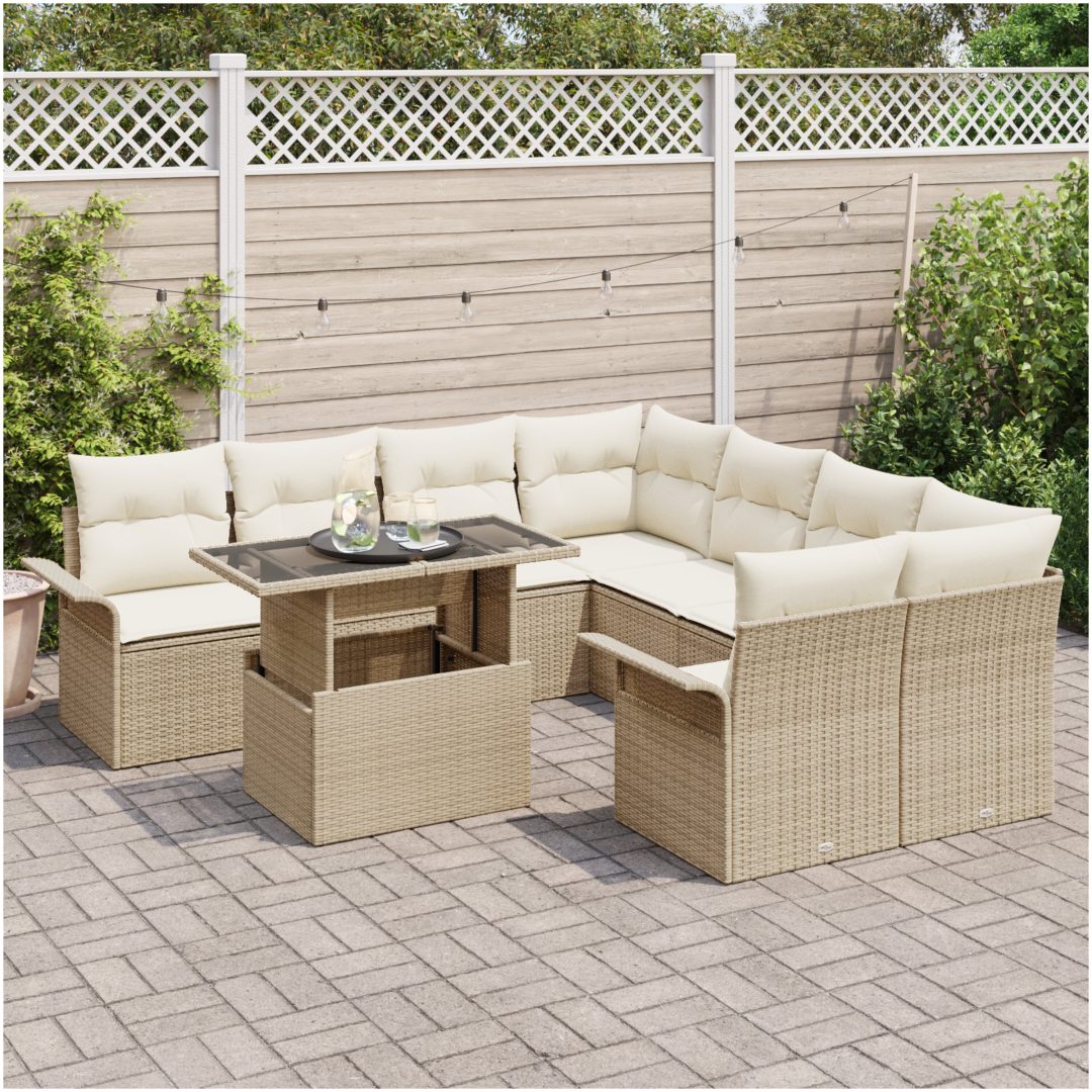 9-dels trädgårdsoff-set med kuddar i beige poly rattan vidaXL 100 x 55 x 73 cm – bild 3