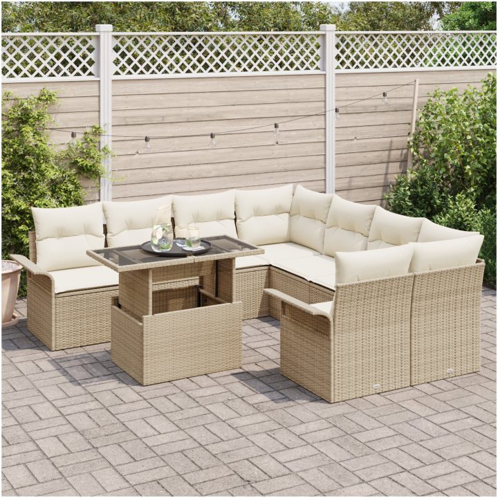 9-dels trädgårdsoff-set med kuddar i beige poly rattan vidaXL 100 x 55 x 73 cm – bild 3