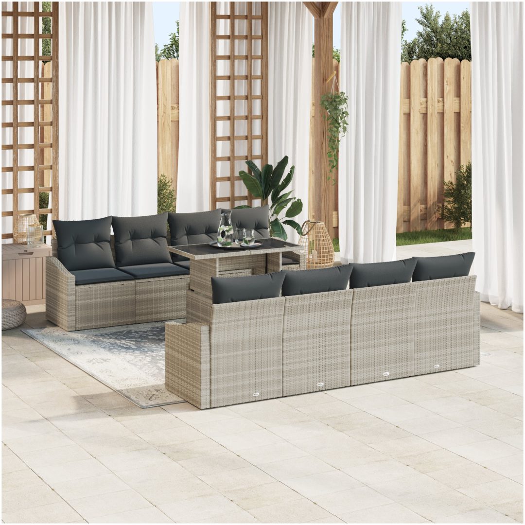 9-dels trädgårdsoffset med kuddar i ljusgrå poly-rattan vidaXL 100 x 55 x 73 cm – bild 3