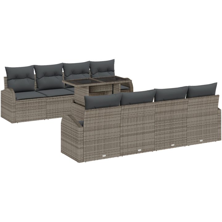 9-dels trädgårdssoffgrupp med kuddar i grå poly-rattan vidaXL 100 x 55 x 73 cm – bild 2