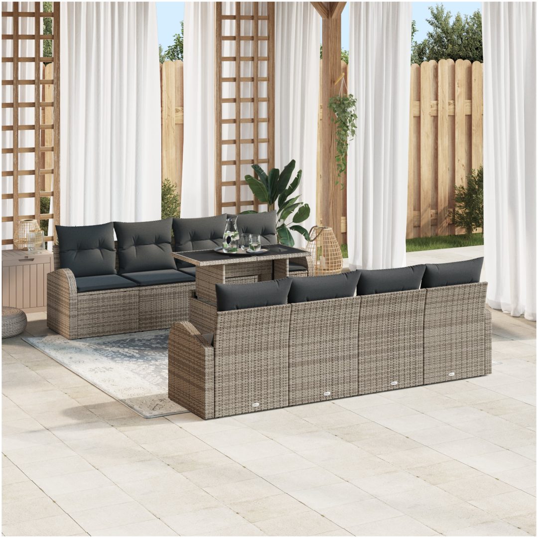 9-dels trädgårdssoffgrupp med kuddar i grå poly-rattan vidaXL 100 x 55 x 73 cm – bild 3