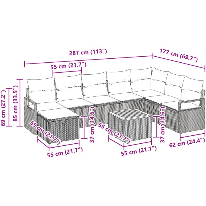 9 Piece Trädgårdsoff-set med kuddar Beige Poly Rottning vidaXL Stor – bild 11