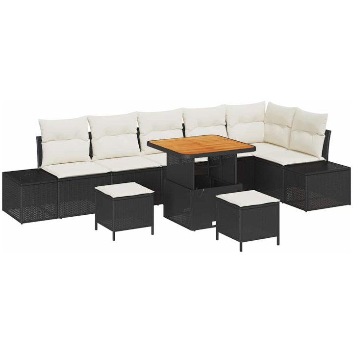 9 Stycken Trädgårdsoffasett Med Kuddar Svart Poly Rattan Akacia vidaXL Stor – bild 2