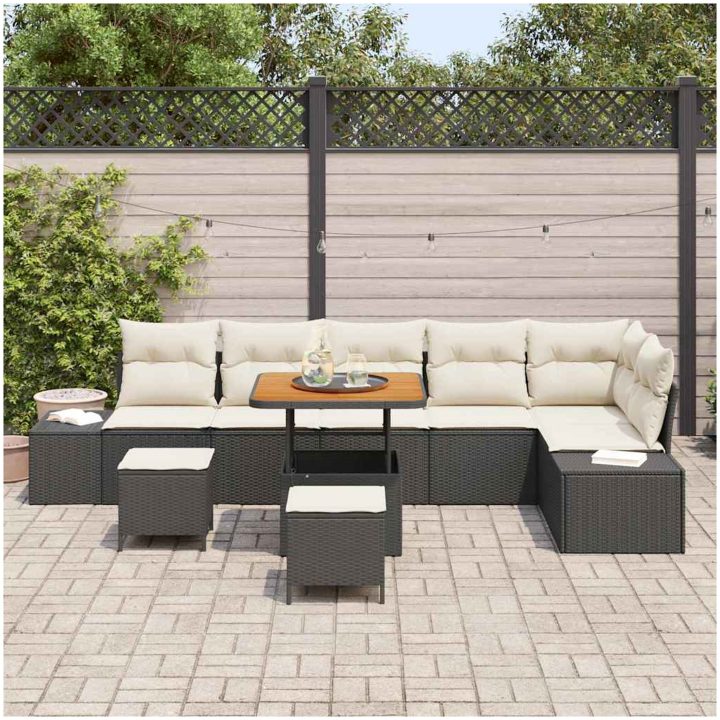 9 Stycken Trädgårdsoffasett Med Kuddar Svart Poly Rattan Akacia vidaXL Stor – bild 3