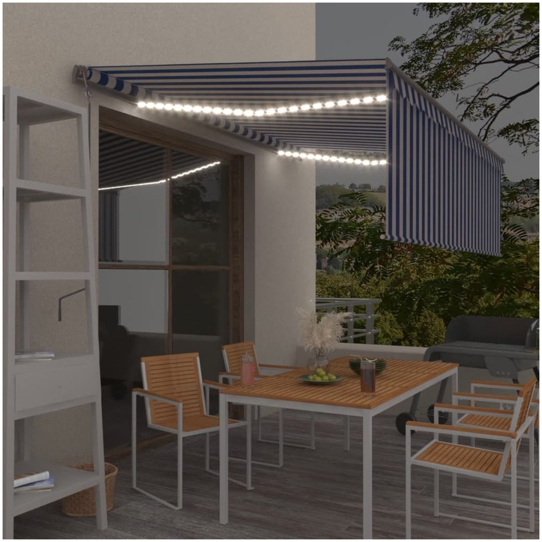 Automatisk markis med rullgardin vindsensor LED blå/vit vidaXL 4.5 x 3 m