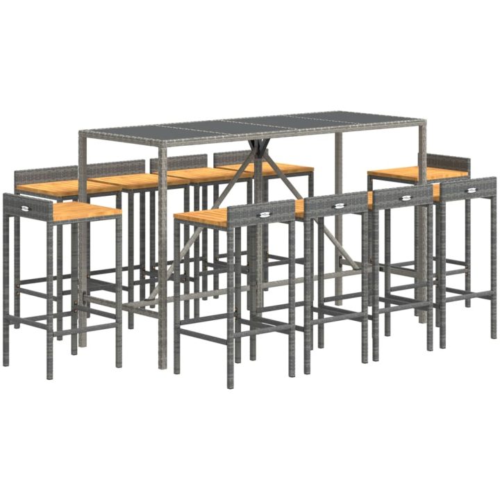 Bargrupp för trädgård 11 delar grå konstrotting & akacia vidaXL 180 cm table length – bild 3
