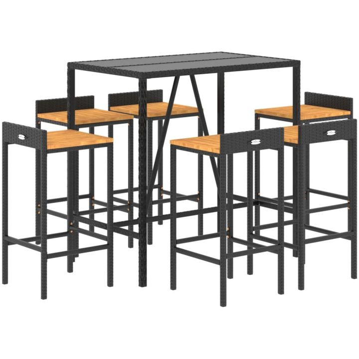 Bargrupp för trädgård 7 delar svart konstrotting & akacia vidaXL 110 cm table length – bild 3