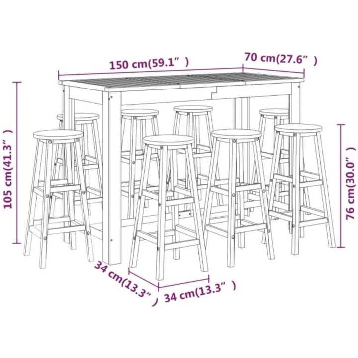 Bargrupp för trädgården 9 delar massivt akaciaträ vidaXL 150 cm table length – bild 9