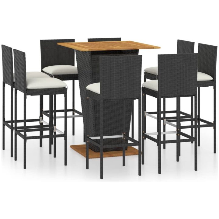 Bargrupp för trädgården med dynor 9 delar konstrotting svart vidaXL 80 cm table length – bild 2