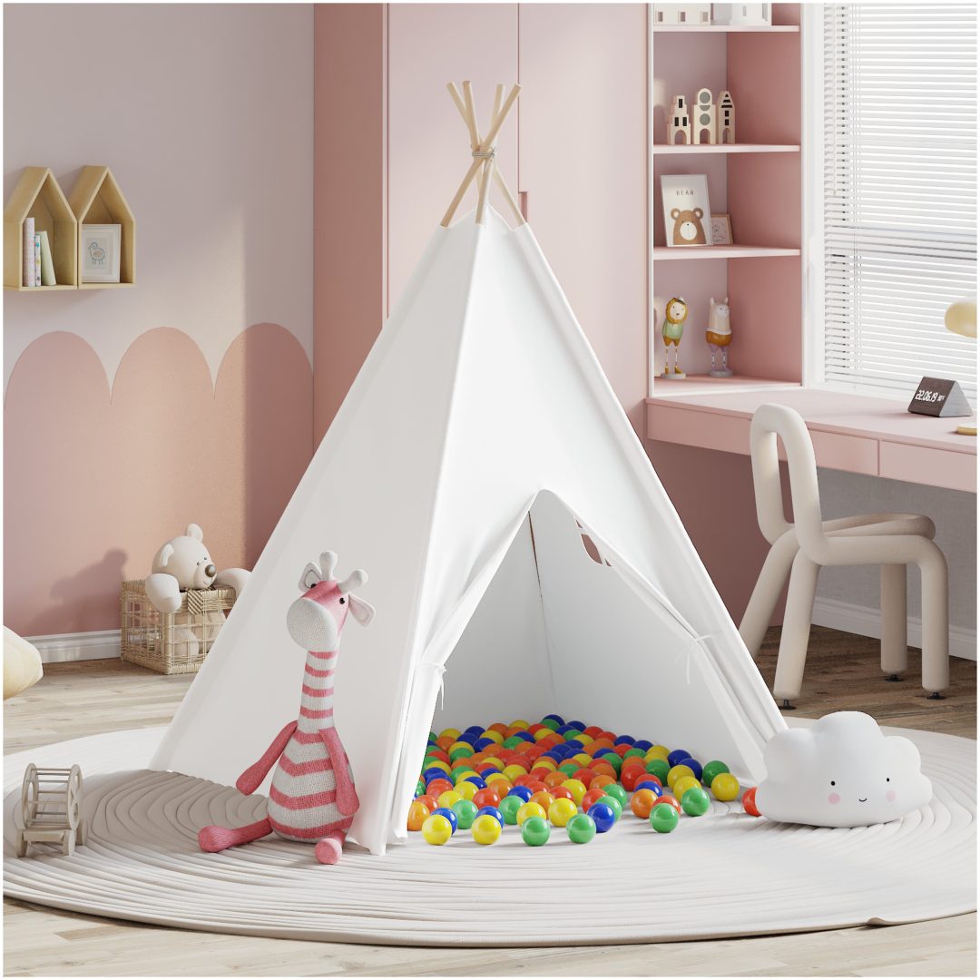 Barn Teepee Tält med Väska Persika & Lekbollar Skinn Vit vidaXL Medium – bild 5