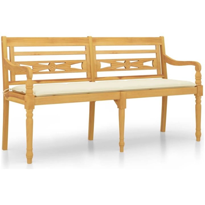 Bataviabänk med gräddvit dyna massiv teak vidaXL 150 cm – bild 2