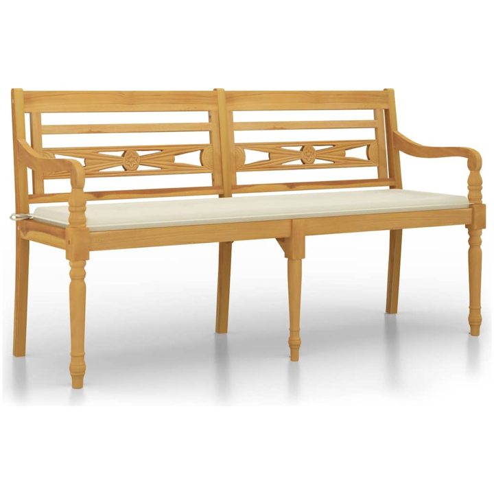 Bataviabänk med gräddvit dyna massiv teak vidaXL 150 cm – bild 2