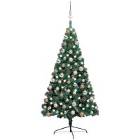 Belyst halv plastgran med kulor grön 120 cm vidaXL