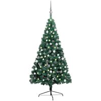 Belyst halv plastgran med kulor grön 150 cm vidaXL