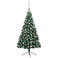 Belyst halv plastgran med kulor grön 150 cm vidaXL