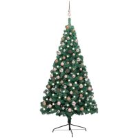 Belyst halv plastgran med kulor grön 180 cm vidaXL