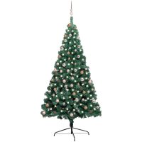Belyst halv plastgran med kulor grön 210 cm vidaXL