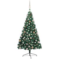 Belyst halv plastgran med kulor grön 240 cm vidaXL