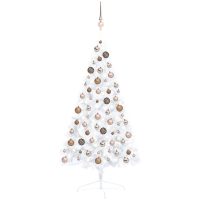 Belyst halv plastgran med kulor vit 120 cm vidaXL